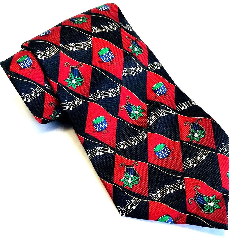 Meeting Street Tie Repp Music Notes Band Drum Red Poinsetta Holiday Christmas